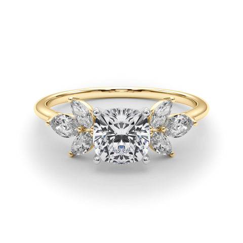 Yellow gold Cushion Diamond Floral Cluster Ring with Marquise Side Stones and Six-Prong Solitaire Setting