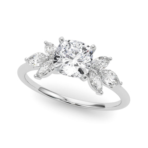 White gold Cushion Diamond Floral Cluster Ring with Marquise Side Stones and Six-Prong Solitaire Setting