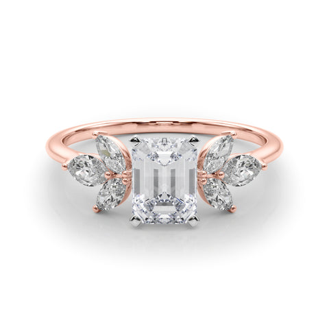 Rose gold Emerald Diamond Floral Cluster Ring with Marquise Side Stones and Six-Prong Solitaire Setting