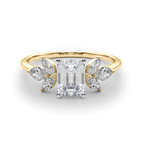 Yellow gold Emerald Diamond Floral Cluster Ring with Marquise Side Stones and Six-Prong Solitaire Setting