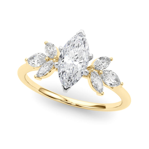 Yellow gold Marquise Diamond Floral Cluster Ring with Marquise Side Stones and Six-Prong Solitaire Setting