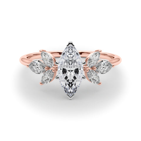 Rose gold Marquise Diamond Floral Cluster Ring with Marquise Side Stones and Six-Prong Solitaire Setting