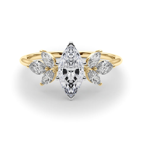 Yellow gold Marquise Diamond Floral Cluster Ring with Marquise Side Stones and Six-Prong Solitaire Setting