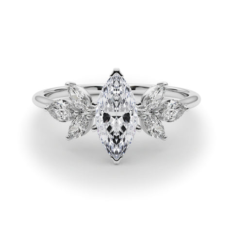 White gold Marquise Diamond Floral Cluster Ring with Marquise Side Stones and Six-Prong Solitaire Setting