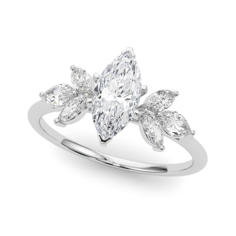 White gold Marquise Diamond Floral Cluster Ring with Marquise Side Stones and Six-Prong Solitaire Setting