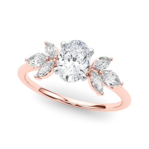 Rose gold Oval Diamond Floral Cluster Ring with Marquise Side Stones and Six-Prong Solitaire Setting