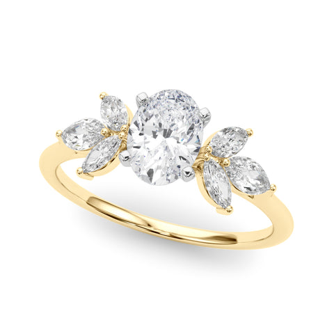 Yellow gold Oval Diamond Floral Cluster Ring with Marquise Side Stones and Six-Prong Solitaire Setting