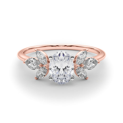 Rose gold Oval Diamond Floral Cluster Ring with Marquise Side Stones and Six-Prong Solitaire Setting