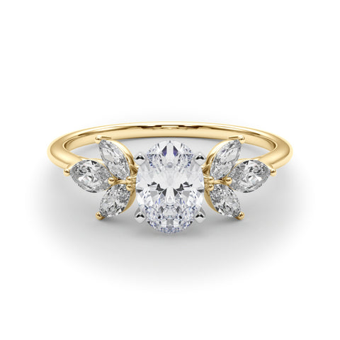 Yellow gold Oval Diamond Floral Cluster Ring with Marquise Side Stones and Six-Prong Solitaire Setting