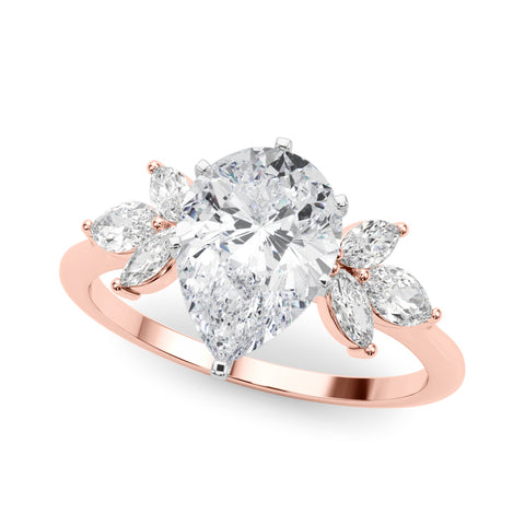 Rose gold Pear Diamond Floral Cluster Ring with Marquise Side Stones and Six-Prong Solitaire Setting