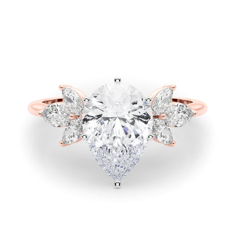 Rose gold Pear Diamond Floral Cluster Ring with Marquise Side Stones and Six-Prong Solitaire Setting