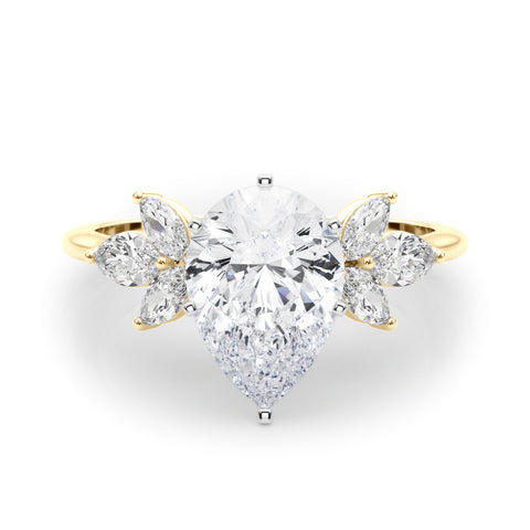 Yellow gold Pear Diamond Floral Cluster Ring with Marquise Side Stones and Six-Prong Solitaire Setting