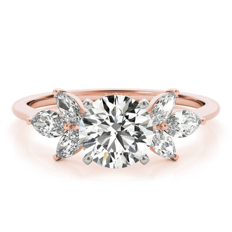 Rose gold Round Diamond Floral Cluster Ring with Marquise Side Stones and Six-Prong Solitaire Setting