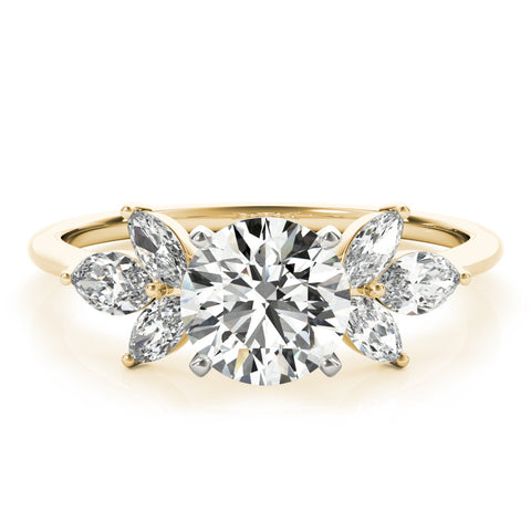 Yellow gold Round Diamond Floral Cluster Ring with Marquise Side Stones and Six-Prong Solitaire Setting