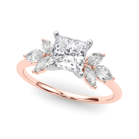 Rose gold Princess Diamond Floral Cluster Ring with Marquise Side Stones and Six-Prong Solitaire Setting