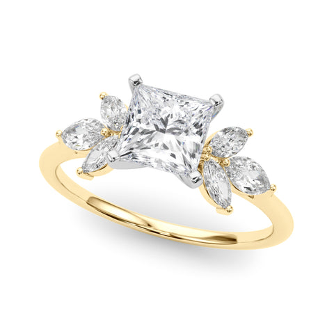 Yellow gold Princess Diamond Floral Cluster Ring with Marquise Side Stones and Six-Prong Solitaire Setting