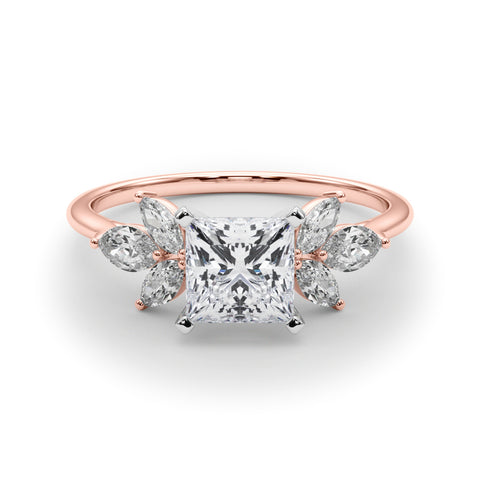 Rose gold Princess Diamond Floral Cluster Ring with Marquise Side Stones and Six-Prong Solitaire Setting