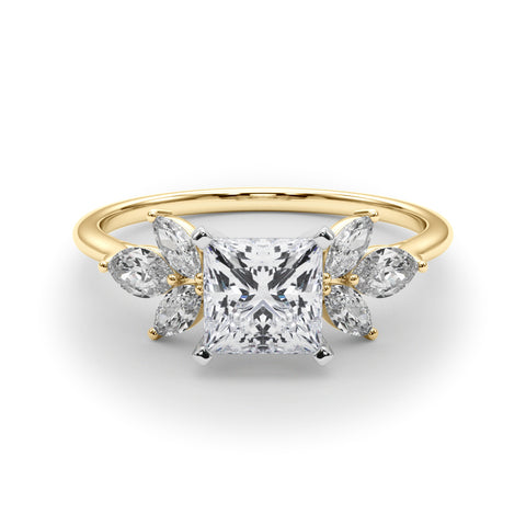 Yellow gold Princess Diamond Floral Cluster Ring with Marquise Side Stones and Six-Prong Solitaire Setting