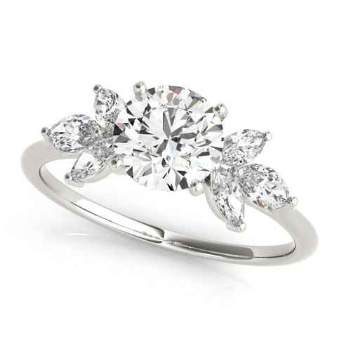 White gold Round Diamond Floral Cluster Ring with Marquise Side Stones and Six-Prong Solitaire Setting