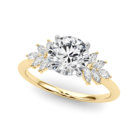 Yellow gold Round Diamond Floral Side Stone Solitaire with Marquise Accents and Four-Prong Setting