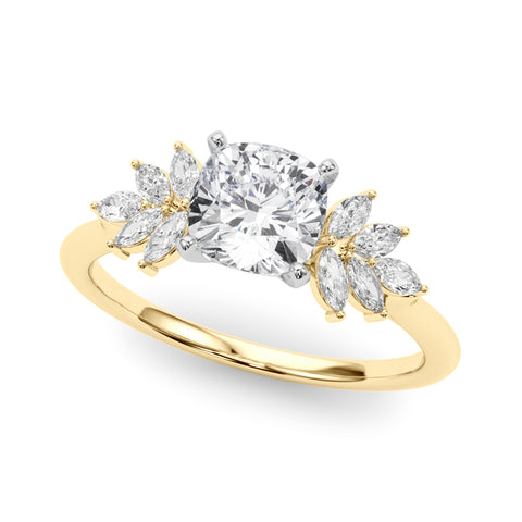 Yellow gold Cushion Diamond Floral Side Stone Solitaire with Marquise Accents and Four-Prong Setting