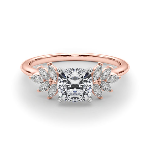 Rose gold Cushion Diamond Floral Side Stone Solitaire with Marquise Accents and Four-Prong Setting