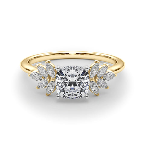 Yellow gold Cushion Diamond Floral Side Stone Solitaire with Marquise Accents and Four-Prong Setting