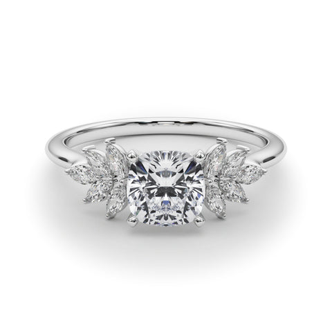 White gold Cushion Diamond Floral Side Stone Solitaire with Marquise Accents and Four-Prong Setting