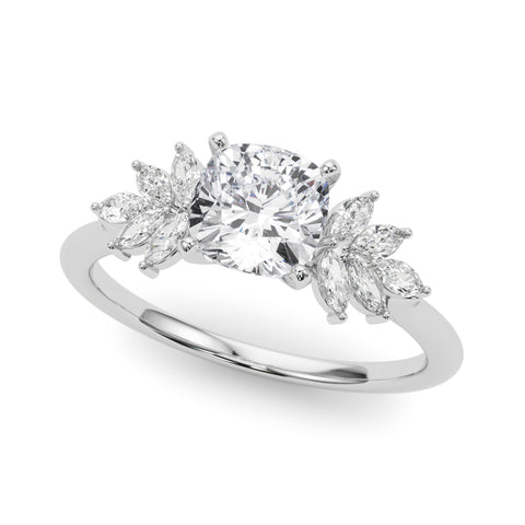 White gold Cushion Diamond Floral Side Stone Solitaire with Marquise Accents and Four-Prong Setting