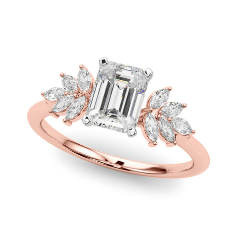 Rose gold Emerald Diamond Floral Side Stone Solitaire with Marquise Accents and Four-Prong Setting