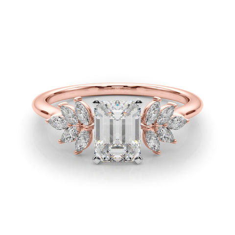 Rose gold Emerald Diamond Floral Side Stone Solitaire with Marquise Accents and Four-Prong Setting