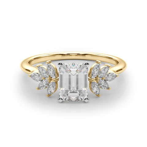 Yellow gold Emerald Diamond Floral Side Stone Solitaire with Marquise Accents and Four-Prong Setting