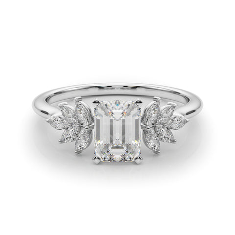 White gold Emerald Diamond Floral Side Stone Solitaire with Marquise Accents and Four-Prong Setting