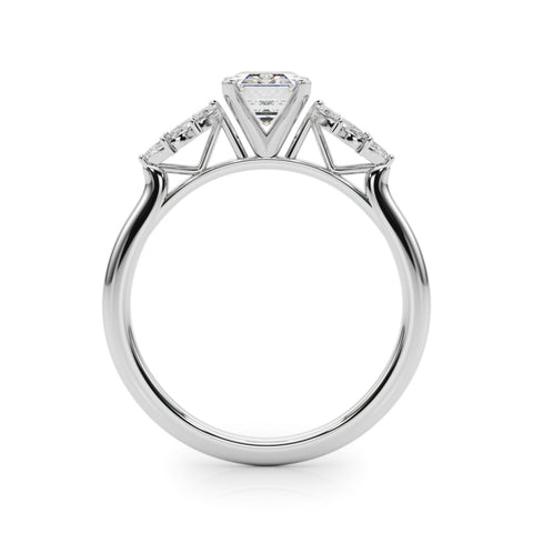 White gold Emerald Diamond Floral Side Stone Solitaire with Marquise Accents and Four-Prong Setting