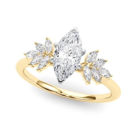 Yellow gold Marquise Diamond Floral Side Stone Solitaire with Marquise Accents and Four-Prong Setting