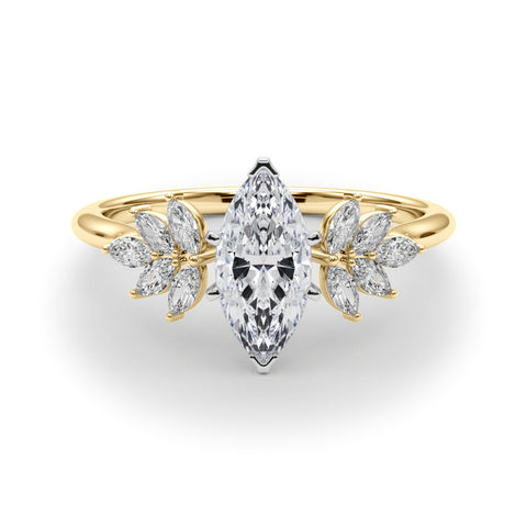 Yellow gold Marquise Diamond Floral Side Stone Solitaire with Marquise Accents and Four-Prong Setting