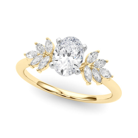 Yellow gold Oval Diamond Floral Side Stone Solitaire with Marquise Accents and Four-Prong Setting