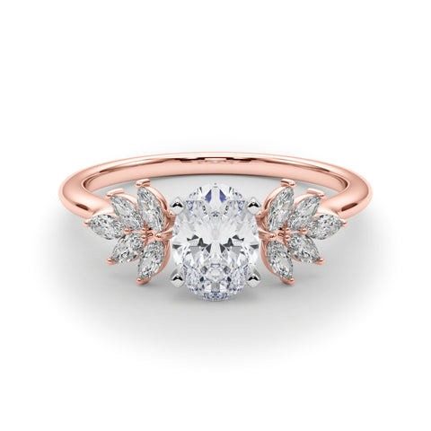 Rose gold Oval Diamond Floral Side Stone Solitaire with Marquise Accents and Four-Prong Setting