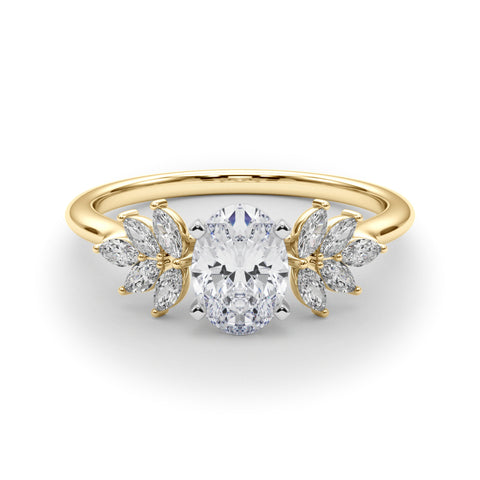 Yellow gold Oval Diamond Floral Side Stone Solitaire with Marquise Accents and Four-Prong Setting