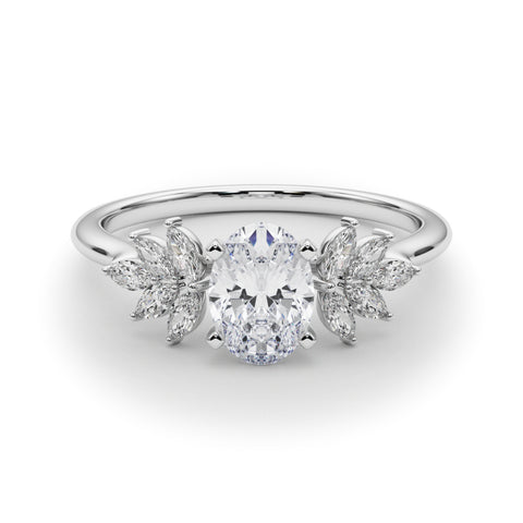 White gold Oval Diamond Floral Side Stone Solitaire with Marquise Accents and Four-Prong Setting