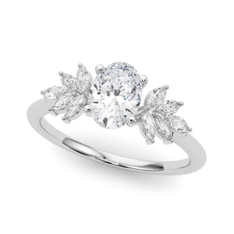 White gold Oval Diamond Floral Side Stone Solitaire with Marquise Accents and Four-Prong Setting