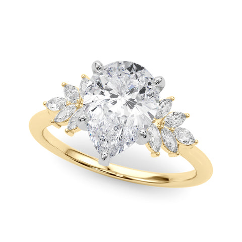 Yellow gold Pear Diamond Floral Side Stone Solitaire with Marquise Accents and Four-Prong Setting