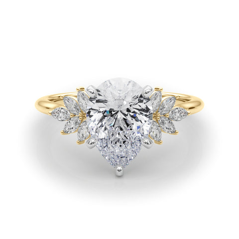 Yellow gold Pear Diamond Floral Side Stone Solitaire with Marquise Accents and Four-Prong Setting