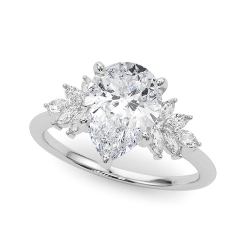 White gold Pear Diamond Floral Side Stone Solitaire with Marquise Accents and Four-Prong Setting