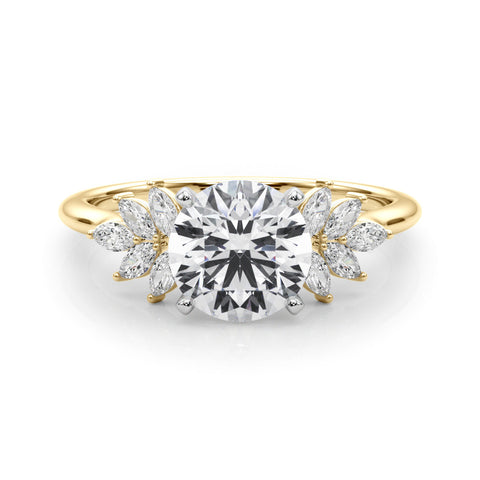 Yellow gold Round Diamond Floral Side Stone Solitaire with Marquise Accents and Four-Prong Setting