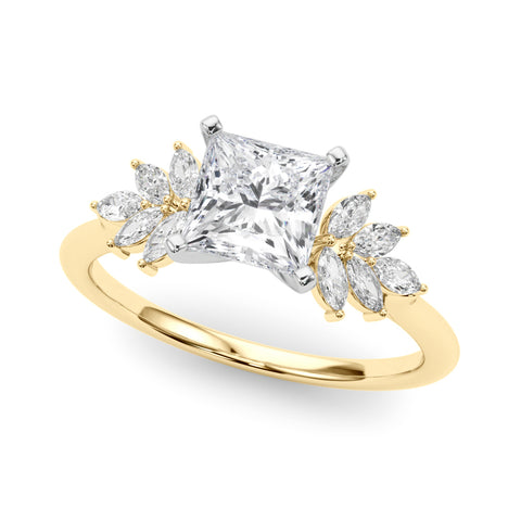 Yellow gold Princess Diamond Floral Side Stone Solitaire with Marquise Accents and Four-Prong Setting