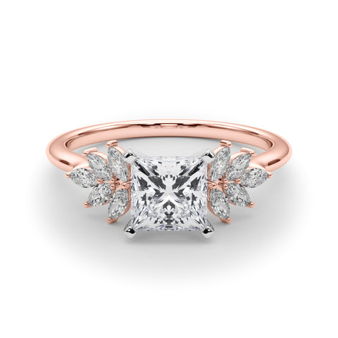 Rose gold Princess Diamond Floral Side Stone Solitaire with Marquise Accents and Four-Prong Setting