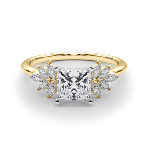 Yellow gold Princess Diamond Floral Side Stone Solitaire with Marquise Accents and Four-Prong Setting