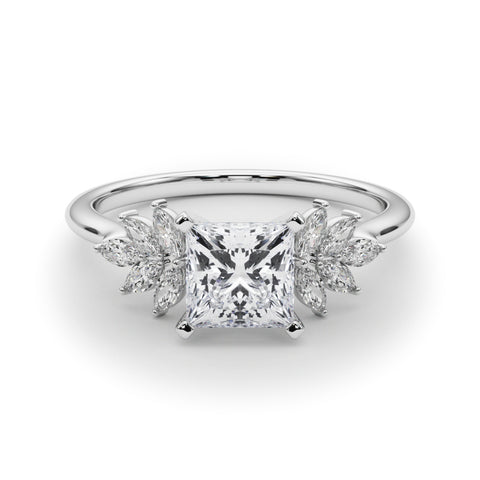 White gold Princess Diamond Floral Side Stone Solitaire with Marquise Accents and Four-Prong Setting