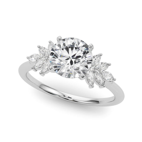 White gold Round Diamond Floral Side Stone Solitaire with Marquise Accents and Four-Prong Setting